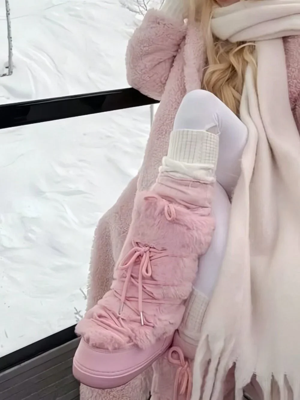 Pink Cute Women's Lace-Up Round Toe Faux Fur Platform Snow Boots